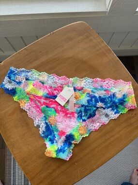 NWT PINK Victoria's Secret Neon Tie-Dye Floral Lace Extra Low Rise Thong Tanga L